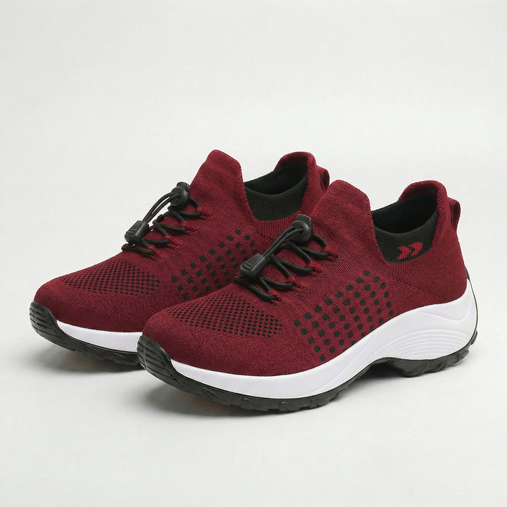 Juin – Orthopädische Schuhe aus gestricktem Stoff in Schwarz und Rot