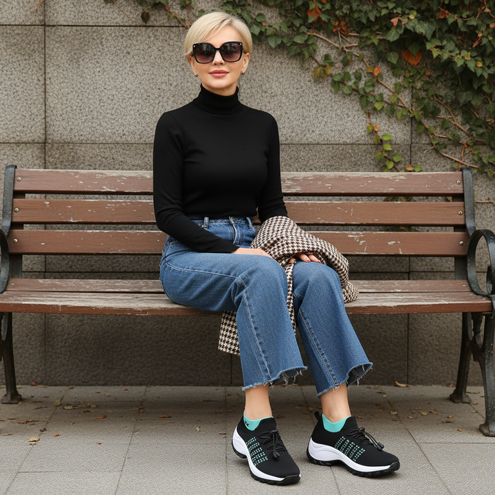 Linda – Orthopädische Schuhe aus gestricktem Stoff in Grün und Schwarz