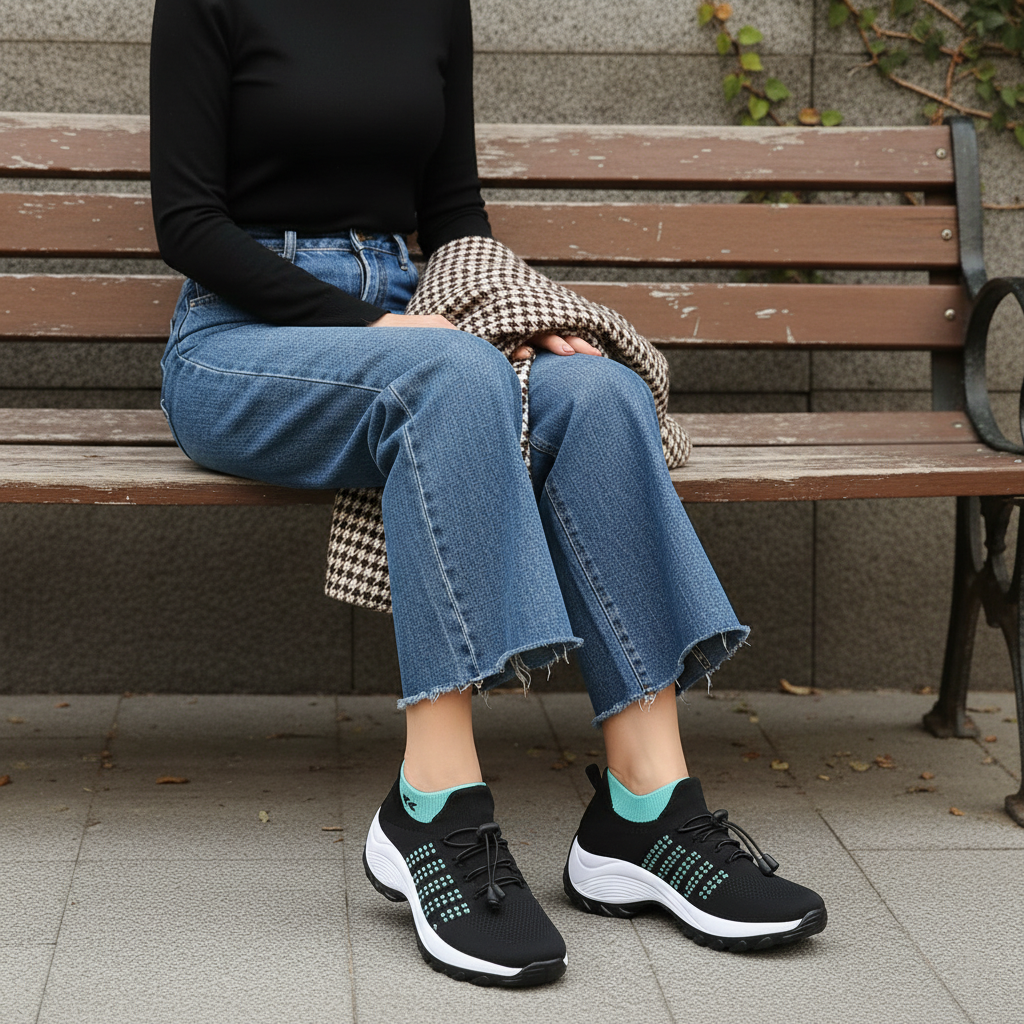Linda – Orthopädische Schuhe aus gestricktem Stoff in Grün und Schwarz