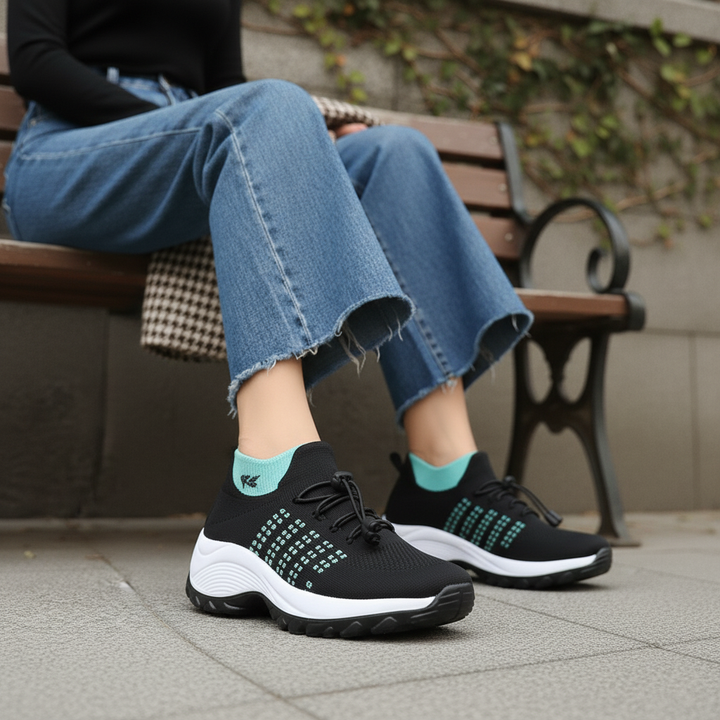 Linda – Orthopädische Schuhe aus gestricktem Stoff in Grün und Schwarz
