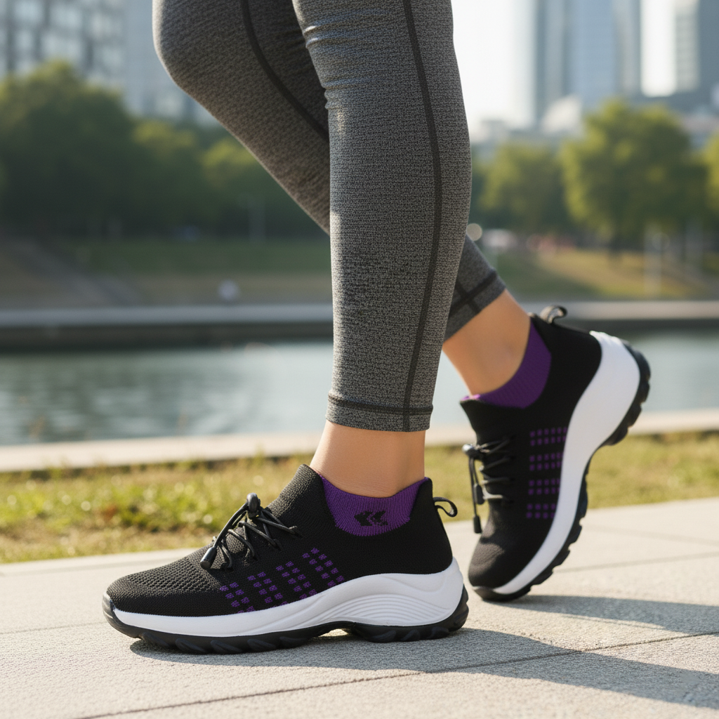 Ava – Orthopädische Schuhe aus gestricktem Stoff in Lila und Schwarz
