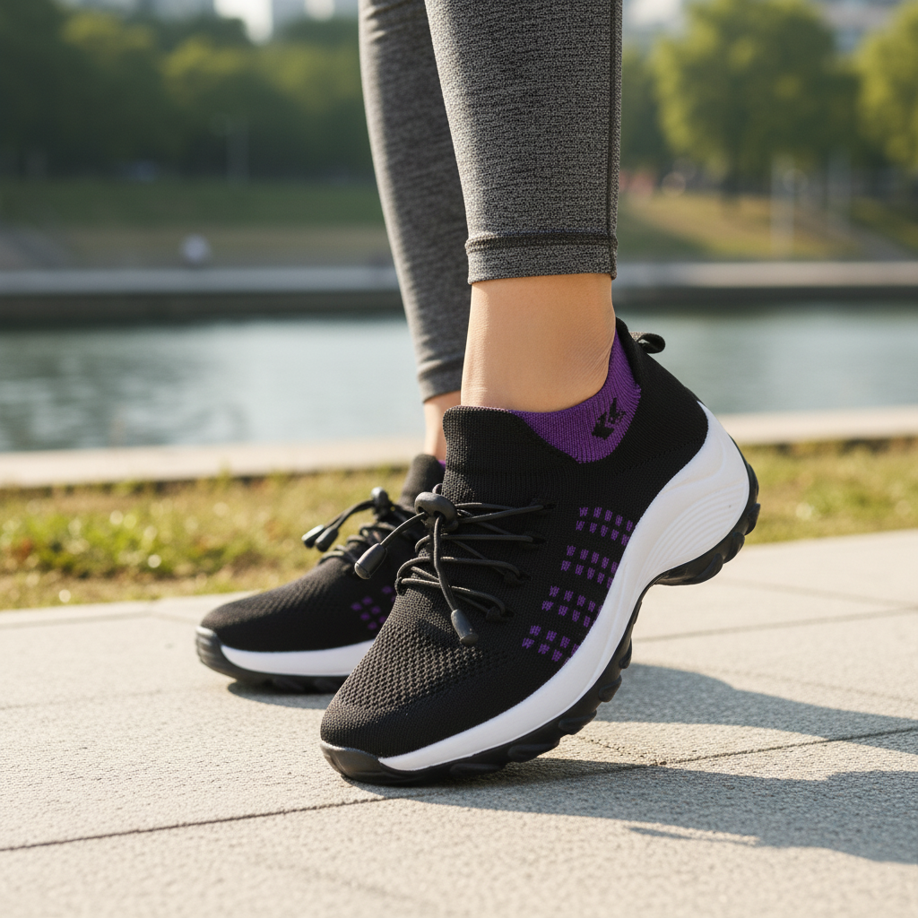 Ava – Orthopädische Schuhe aus gestricktem Stoff in Lila und Schwarz