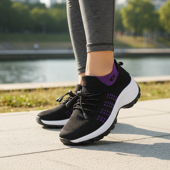 Ava – Orthopädische Schuhe aus gestricktem Stoff in Lila und Schwarz