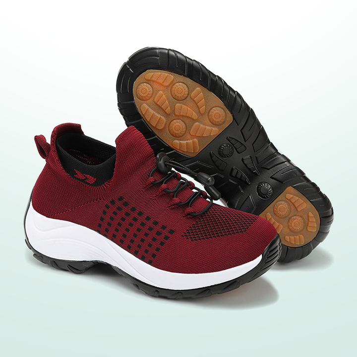 Juin – Orthopädische Schuhe aus gestricktem Stoff in Schwarz und Rot