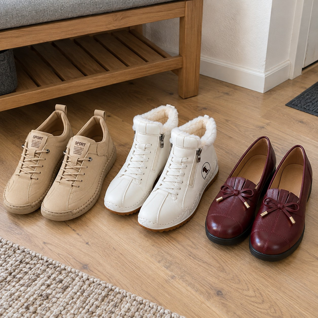 Meine drei Paar: Rosie in Beige, Léa in Weiß und Irène in Rot